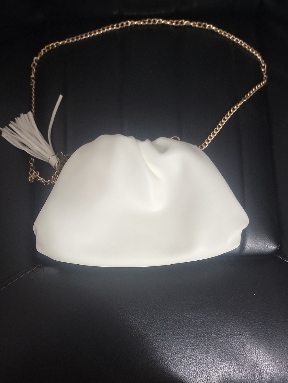 Understatede Leather Cream Gathered Crossbody Bag  with Gold Chain and Tassel